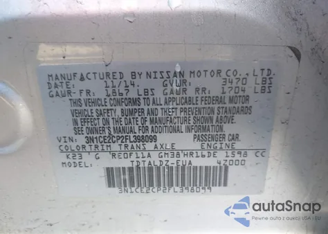 2015 Nissan Versa Note S (Sr)/S Plus/Sl/Sr/Sv from USA, damaged, VIN 3N1CE2CP2FL398099